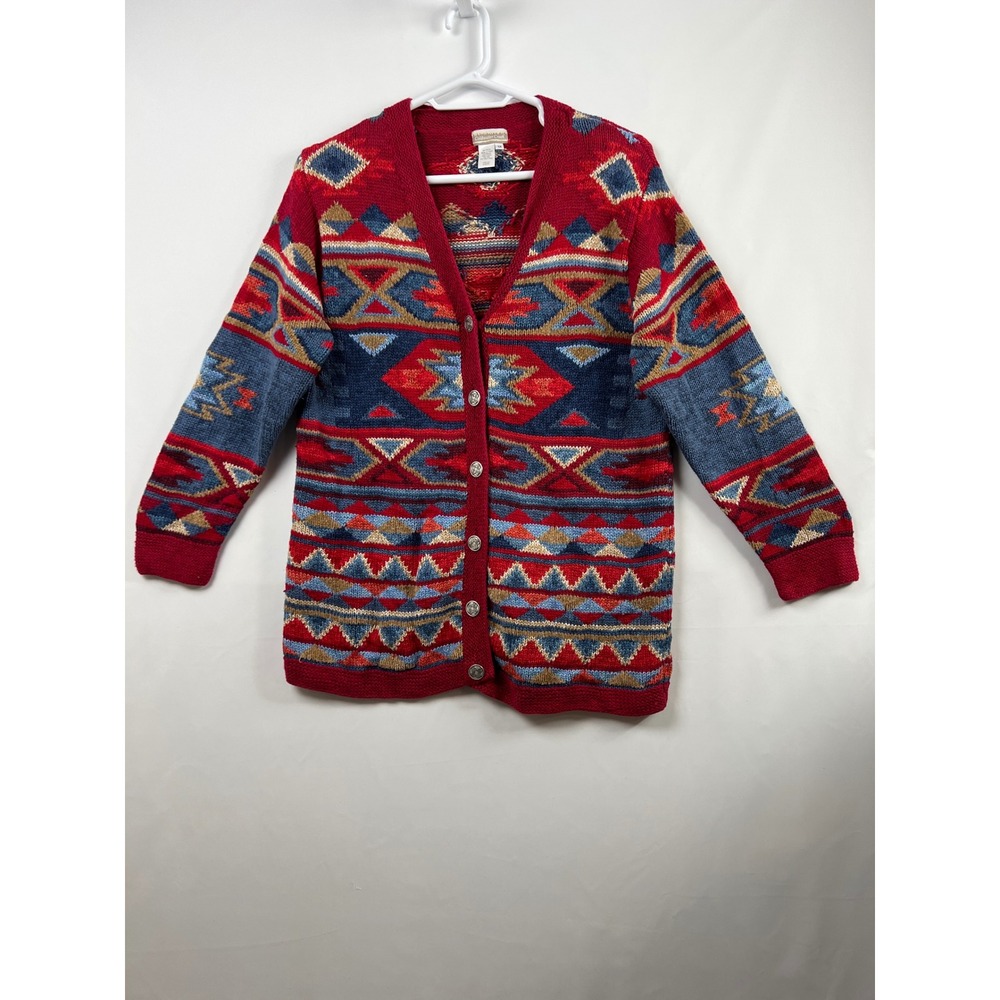 Coldwater Creek Cardigan Women 1X Red Blue Southwestern Ramie Silk Blend Cabin